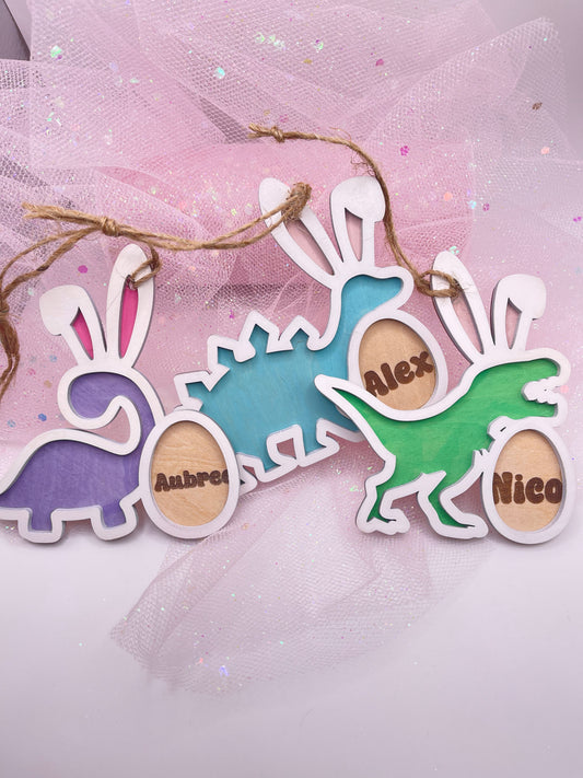 Personalized Dino Bunny Easter Basket Tag | Custom Engraved & Hand-Painted Wood